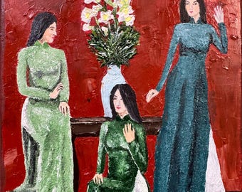 Original oil painting Vietnamese women in áo dài Tết holiday Lunar New year Tranh phụ nữ Việt Nam on stretch canvas signed 8x10