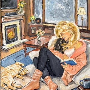 May include: An oil painting depicting a blonde person in a peach cardigan, black leggings, and tan socks reading a book while holding a small black and tan dachshund. An orange tabby cat sleeps on the floor near a fireplace with a lit fire.