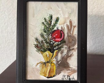 Original oil painting still life Christmas ornament Christmas tree winter signed framed 4x6