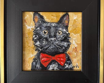 Original oil painting black cat portrait Halloween signed framed 4x4