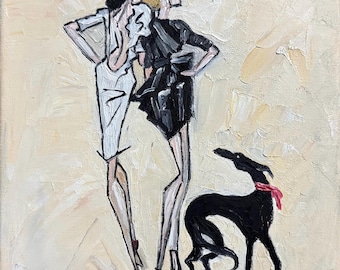 Original oil painting fashionable women & Great Dane on stretch canvas signed 8x10