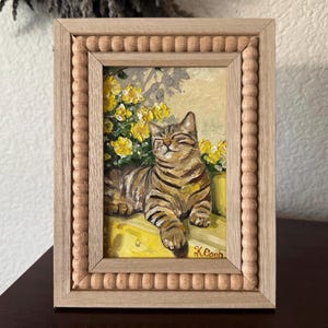 Original oil painting tabby cat sunbathing in the garden signed framed 4x6