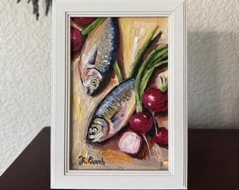 Original oil painting still life sardines fish red radishes signed framed 4x6
