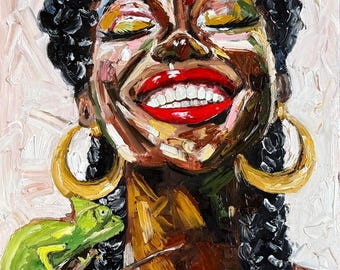 Original oil painting African women portrait on stretch canvas signed 12x16