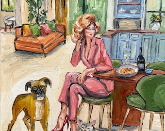 Original oil painting a woman and her pets boxer dog tabby cat indoor scene on stretch canvas signed 8x10