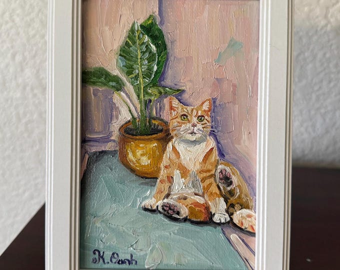 Original Oil Painting Orange Tabby Cat Next to Plant Pot Signed Framed ...