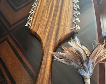Hawaiian Koa Leiomano weapon of war art exquisite art piece! with real Koa from Hawaii and real sharks teeth, pheasant feathers, hawaii made