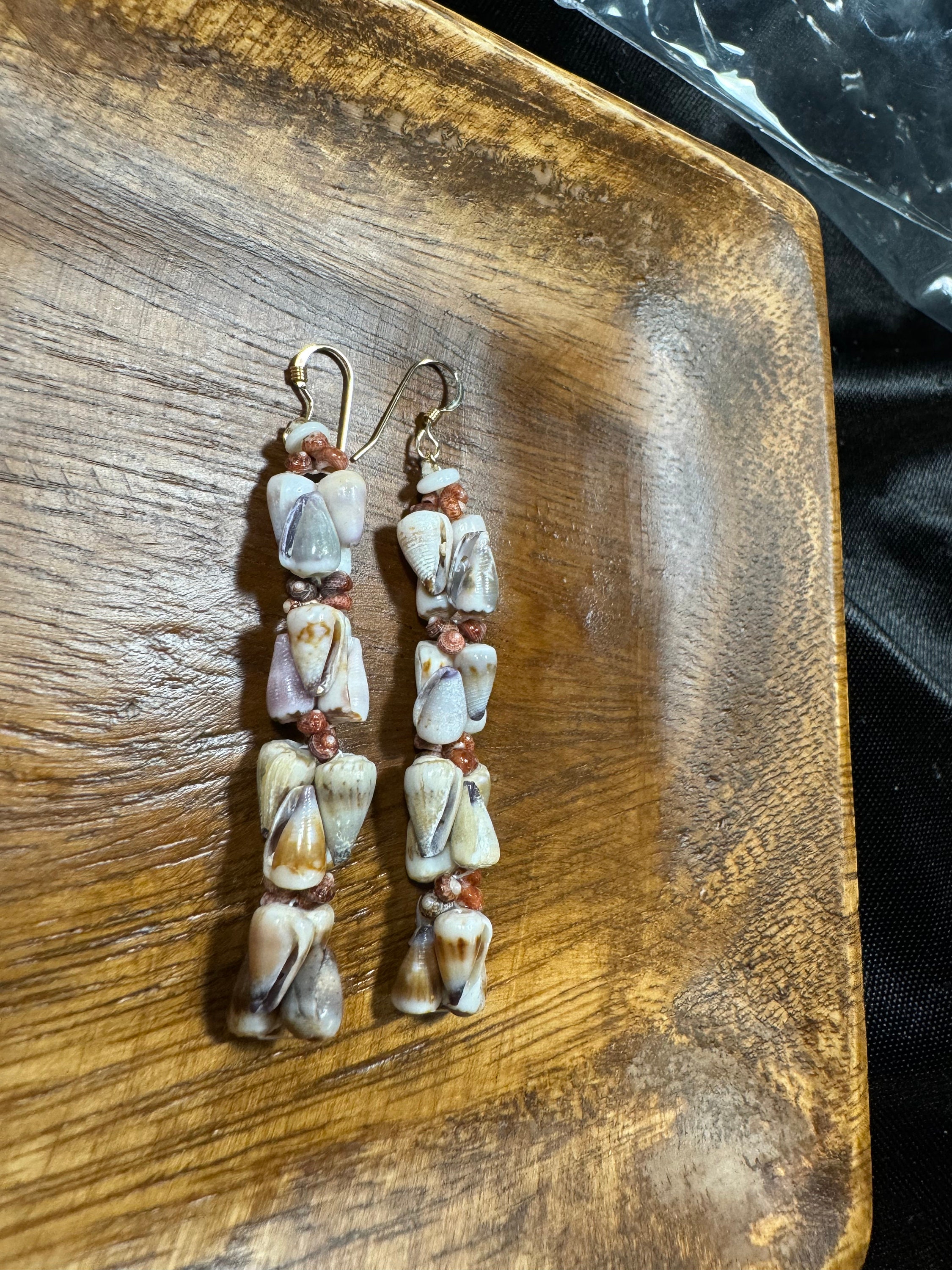 Kauai cone shell earrings with kahealani, gold filled ear wire, Kahealani shell, puka shell, momi shell, niihau lei, hawaiian seashell