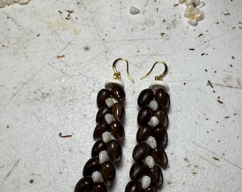 Momi and Poleho shell earrings with gem grade Tahitian Pearls and Gold Filled  earring hoops.