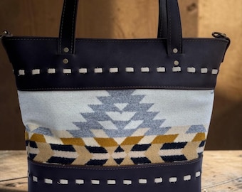 Bolso tote de cuero de grano completo marrón oscuro con lana