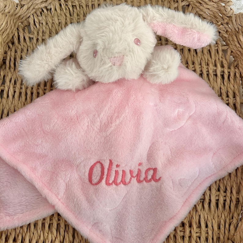 Embroidered baby comforter, Soft baby blanket, Newborn baby Gift, Security Blanket, Personalised Baby gift, Special Keepsake, baby shower. Pink Bunny
