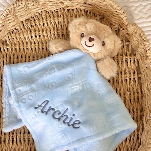 Embroidered baby comforter, Soft baby blanket, Newborn baby Gift, Security Blanket, Personalised Baby gift, Special Keepsake, baby shower. Blue Bear