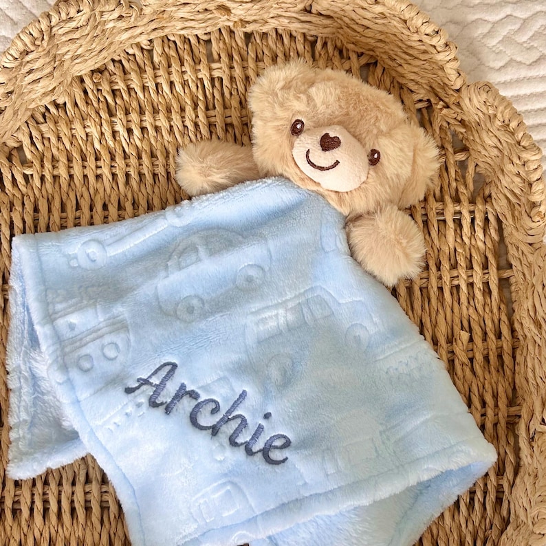 Embroidered baby comforter, Soft baby blanket, Newborn baby Gift, Security Blanket, Personalised Baby gift, Special Keepsake, baby shower. Blue Bear