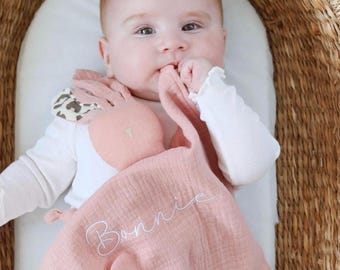 Personalised bunny muslin baby comforter, New baby gift, Baby shower and christening keepsake, Embroidered security blannket, Easter baby.