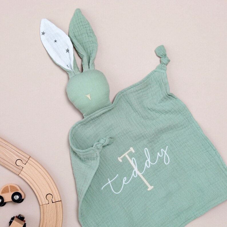 Personalised bunny, newborn baby gift, embroidered comforter, Personalised new baby gift, baby Easter gift , Baby shower gift, New baby gift zdjęcie 6