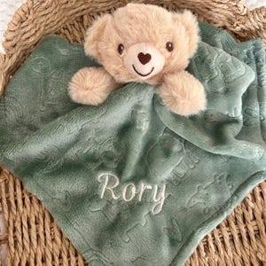 Embroidered baby comforter, Soft baby blanket, Newborn baby Gift, Security Blanket, Personalised Baby gift, Special Keepsake, baby shower. Sage bear