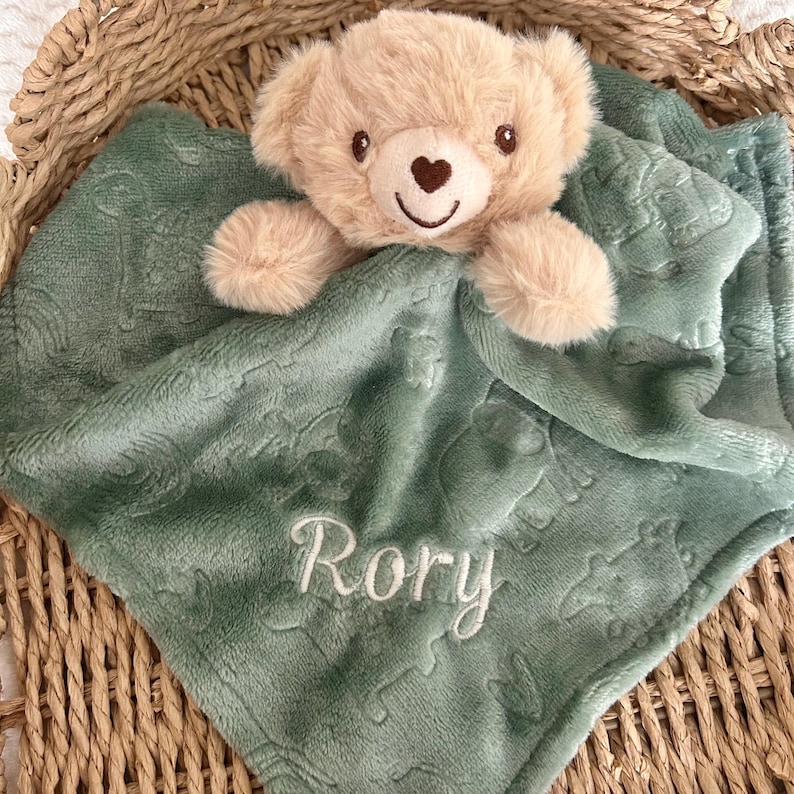 Embroidered baby comforter, Soft baby blanket, Newborn baby Gift, Security Blanket, Personalised Baby gift, Special Keepsake, baby shower. Sage bear