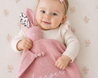 Personalised bunny muslin baby comforter, New baby gift, Baby shower and christening keepsake, Embroidered security blannket, Easter baby.