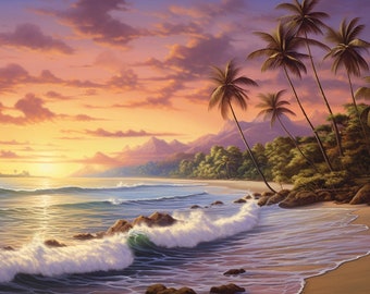 Hawaii Art Print of Beach Landscape Painting with Waimanalo Beach | Tropical Hawaii Wall Art Painting | Island Vibe | Hawaii Inspired