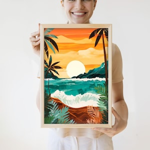 Mākua Beach Sunset | Hawaii Wall Art | Hawaii Sunset Art | Hawaii Artist | Oahu Island Art | Hawaii Painting | Hawaii Vintage Poster Print