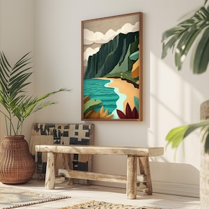 Impression de la vallée de Kalalau | Côte de Na Pali | Impression d'art Kauai | Cascades | Impression tropicale | Art mural océan | Impression artistique d'Hawaï