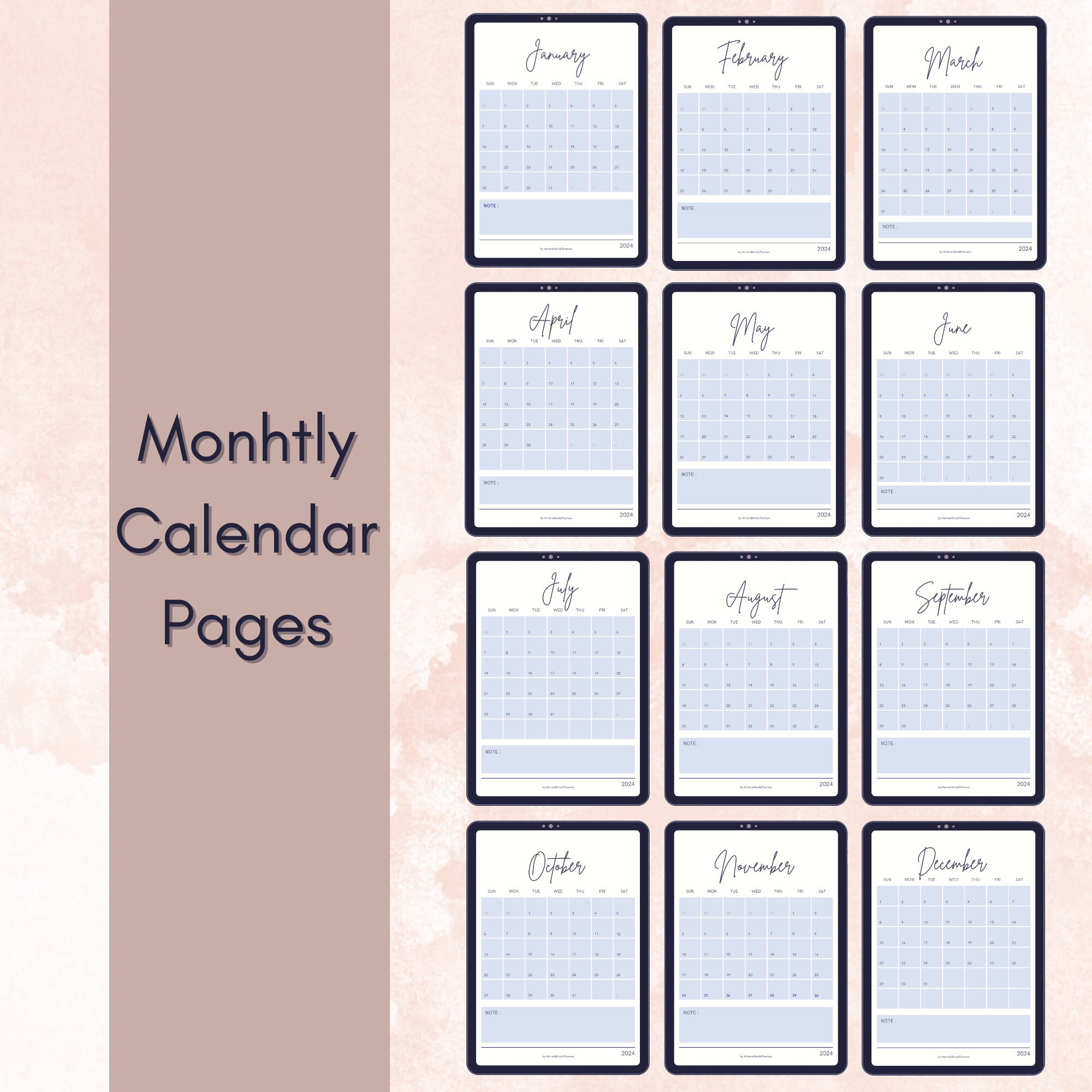 Annual Calendar Planner 2024 Organizer Digital Template Monthly Tracker