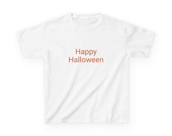May include: White t-shirt with the words "Happy Halloween" in orange. The short-sleeved shirt is a simple design, ideal for Halloween. The text is centered on the front of the shirt.