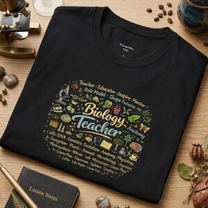 May include: A black t-shirt featuring a colorful graphic design with the text Biology Teacher surrounded by small illustrations of scientific icons, plants, and animals, along with educational terms like Cells, DNA, Genetics, and Anatomy.