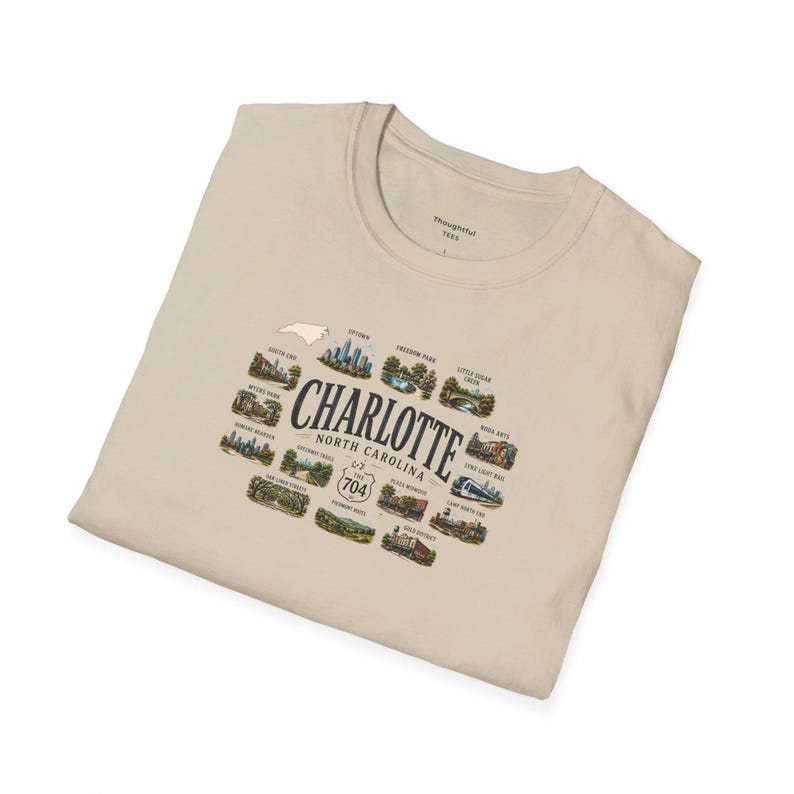 Charlotte North Carolina Shirt, Charlotte Travel Graphic T Shirt, NC Gift for City and Outdoor Lovers Sand