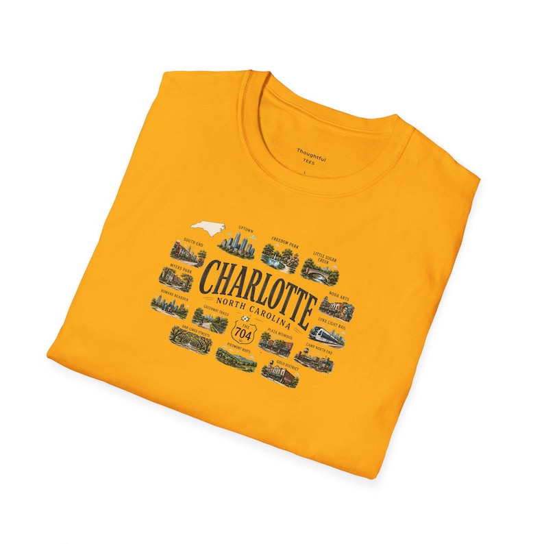 Charlotte North Carolina Shirt, Charlotte Travel Graphic T Shirt, NC Gift for City and Outdoor Lovers Gold