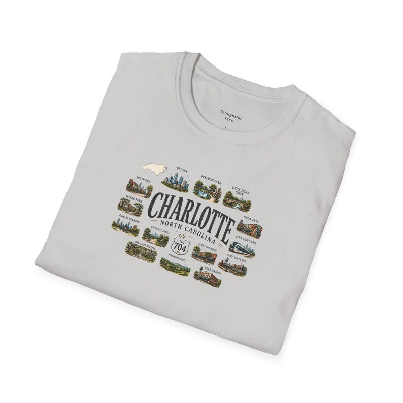 Charlotte North Carolina Shirt, Charlotte Travel Graphic T Shirt, NC Gift for City and Outdoor Lovers Ice Grey