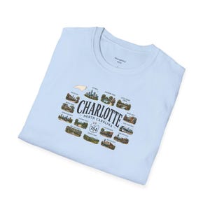Charlotte North Carolina Shirt, Charlotte Travel Graphic T Shirt, NC Gift for City and Outdoor Lovers Light Blue