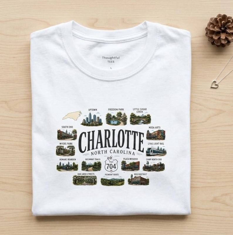 Charlotte North Carolina Shirt, Charlotte Travel Graphic T Shirt, NC Gift for City and Outdoor Lovers image 1