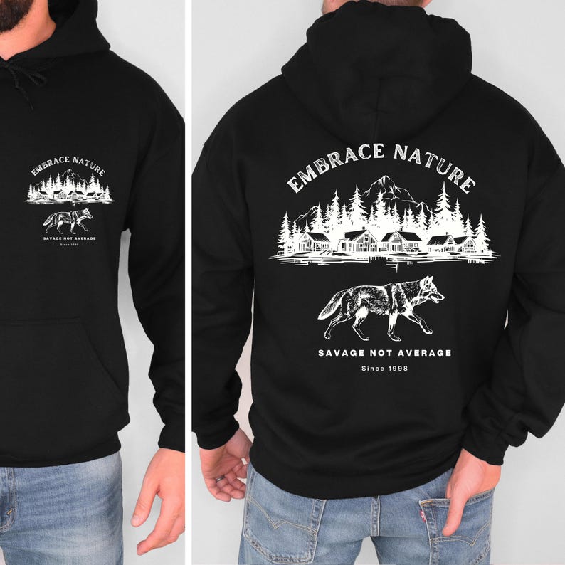 Gemütliches Sweatshirt mit Wolfsmotiv, Outdoor-Bekleidung mit Wolfsprint, von der Natur inspirierter Hoodie, Geschenk für Naturliebhaber, Outdoor-Sportbekleidung. Bild 3