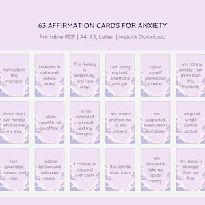 Cartões de Afirmação para Alívio da Ansiedade | 63 Citações Calmantes para Imprimir | Baralho de Autocuidado, Atenção Plena e Saúde Mental | Download Digital em PDF