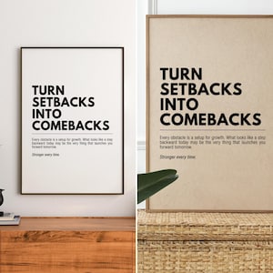 May include: Two framed prints with the text "TURN SETBACKS INTO COMEBACKS" in bold black letters. The prints also include the text "Every obstacle is a setup for growth. What looks like a step backward today may be the very thing that launches you forward tomorrow. Stronger every time."