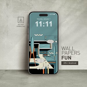 May include: A smartphone mockup displaying a colorful abstract design with the text "WALL PAPERS FUN" and "iOS / Android". The phone screen shows a digital clock displaying "11:11" and the date "Monday, January 1".