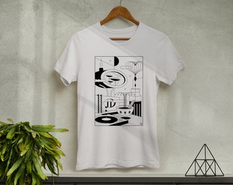 Futuristic Graphic T-Shirt – Minimalist Black and White Design