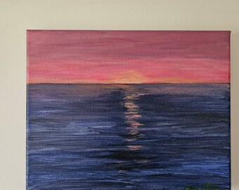 Pintura original de puesta de sol sobre el agua, arte acrílico, 10 x 8 pulgadas