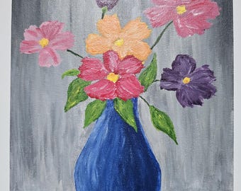 Pintura original de flores en jarrón, arte acrílico, 8&quot; × 10&quot;