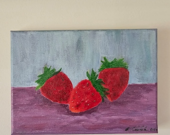 Strawberry Fruit Painting Original Art Acrylic 7×5"
