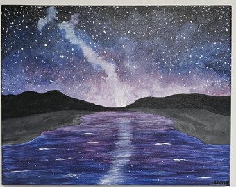 Pintura de paisaje acuático con cielo nocturno, arte original, acrílico, 14&quot; × 11&quot;
