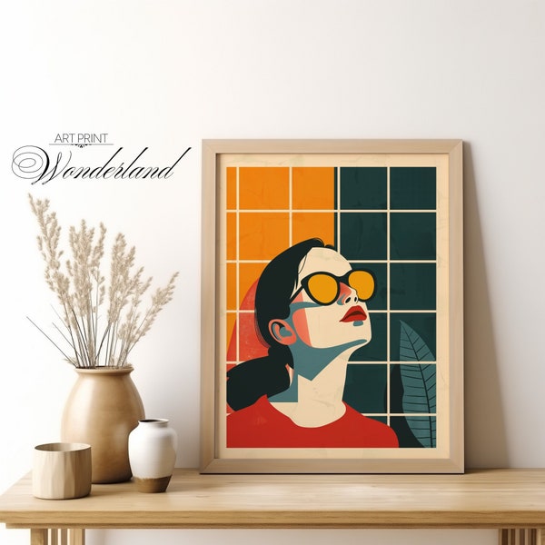 Printable Mid Century Women with Sunglasses Oil Painting, Digital Artwork, Printable Art, Colour Block, Eclectic Art, Bright Art