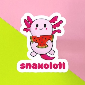 Pode incluir: Um autocolante com um axolotl de desenho animado segurando uma fatia de melancia. O axolotl é rosa com guelras vermelhas e um rosto sorridente. O texto "snaxolotl" está abaixo em letras rosa.