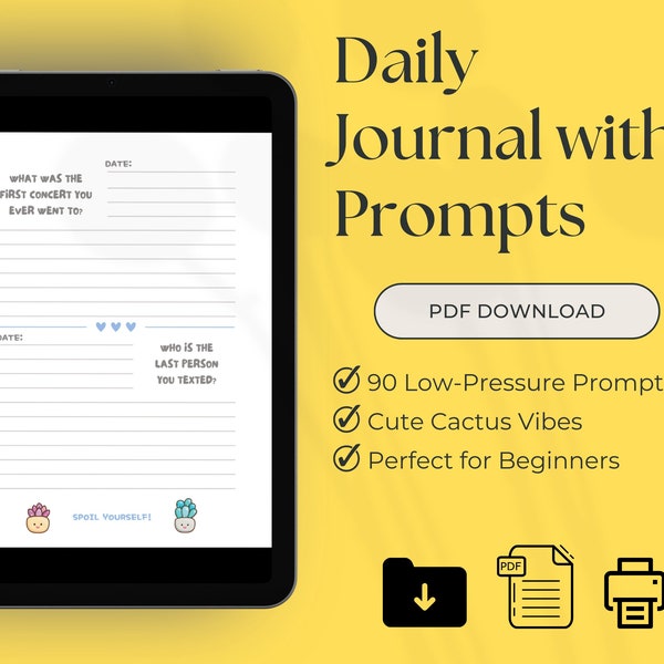 Beginner-Friendly Digital Daily Journal in Cute Succulent Theme, Printable PDF for Android/iPad, Instant Download with Prompts