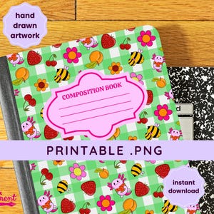 May include: Composition notebooks with a whimsical fruit and insect pattern. The cover features strawberries, cherries, peaches, bees, flowers, and axolotls on a green and white checkered background. The text "PRINTABLE .PNG" is displayed.