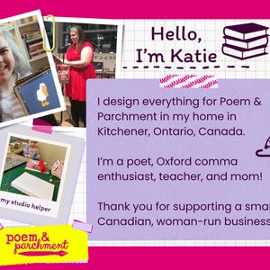 The image is a collage featuring a woman in a red dress, a woman in a pink dress, and a woman in a white dress, along with text and images related to poetry and punctuation.