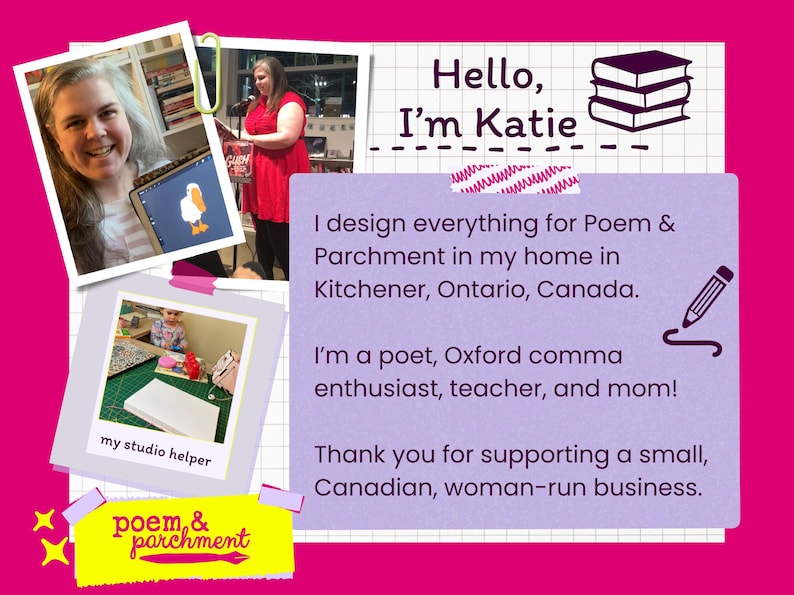 The image is a collage featuring a woman in a red dress, a woman in a pink dress, and a woman in a white dress, along with text and images related to poetry and punctuation.