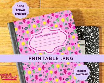 Pink Floral Composition Notebook Cover: Back to School Hand-Drawn Digital Download