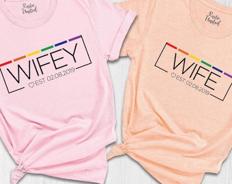 Custom Date Lesbian Wedding Shirt, Rainbow Wife LGBTQ Pride Tee